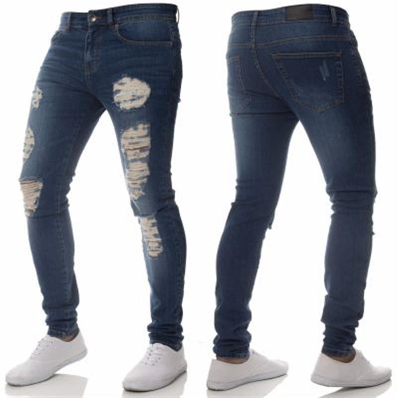 2018 Men Jeans Fashion Slim Hole Washed Denim Blue Pants for Male