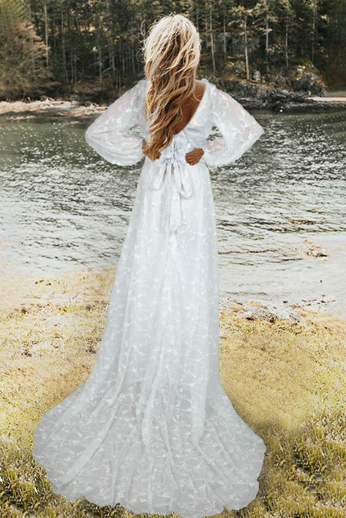 Bishop Sleeves Embroidered Lace Wedding Evening Dress