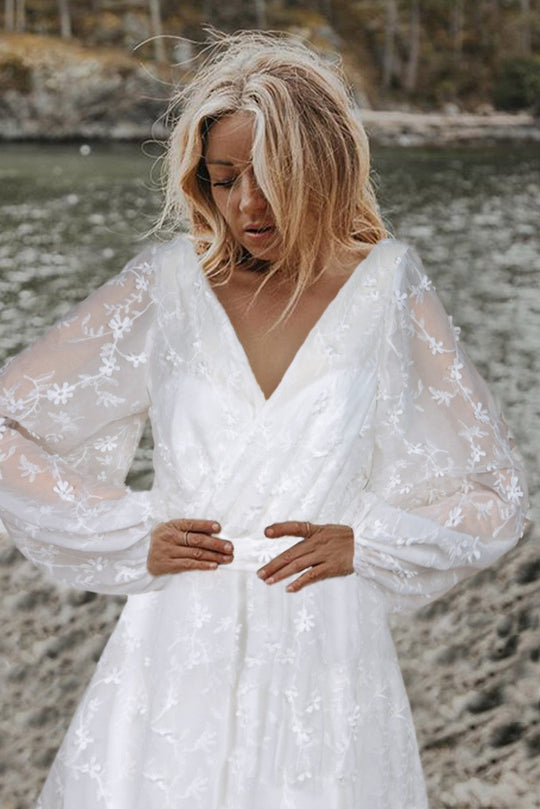 Bishop Sleeves Embroidered Lace Wedding Evening Dress