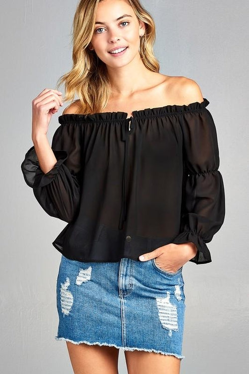 Women's Puff Long Sleeve Ruffled Front Tie Off Shoulder Top