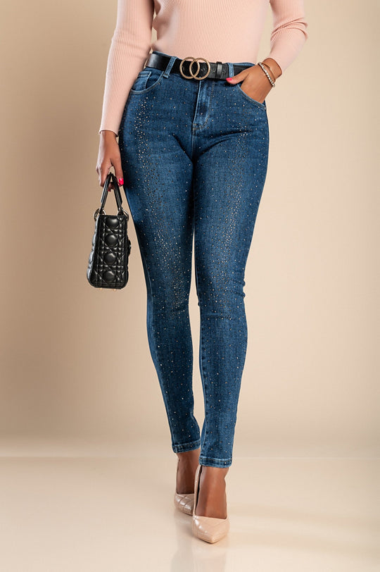 Fashionable Skinny Jeans with Glitter Detail in Blue