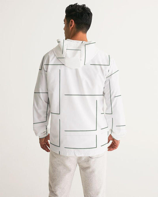 Mens Hooded Windbreaker - White Grid Pattern Water Resistant Jacket