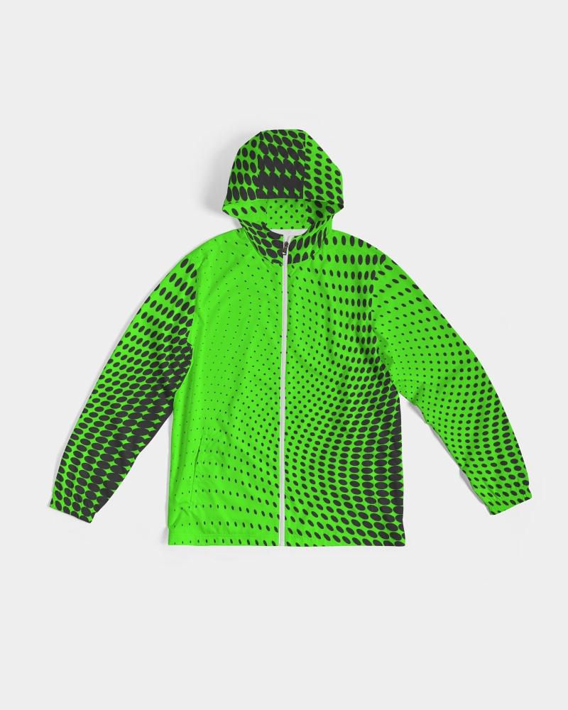 Mens Hooded Windbreaker - Neon Green Polka Dot Water Resistant Jacket