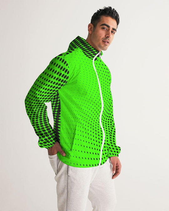 Mens Hooded Windbreaker - Neon Green Polka Dot Water Resistant Jacket
