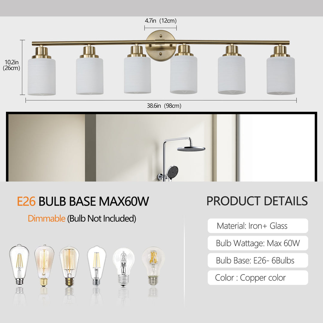 6-Light Golden Bathroom Vanity Light Fixture, Frosted Glass Shades,