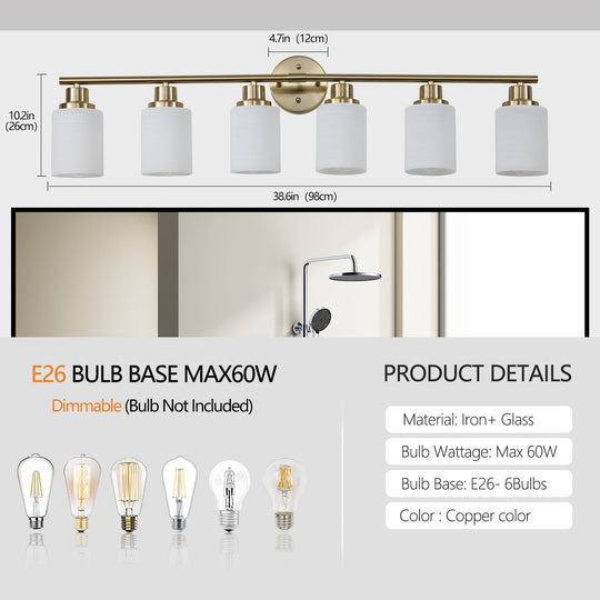 6-Light Golden Bathroom Vanity Light Fixture, Frosted Glass Shades,