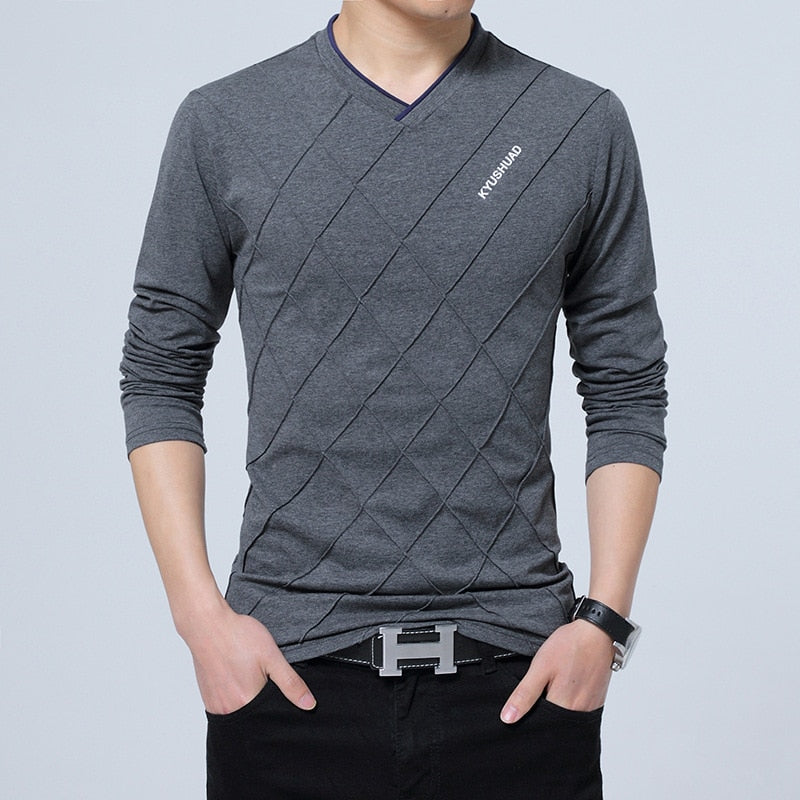 Mens Casual T-shirt Fashion Slim Long Sleeve V Neck Fitness