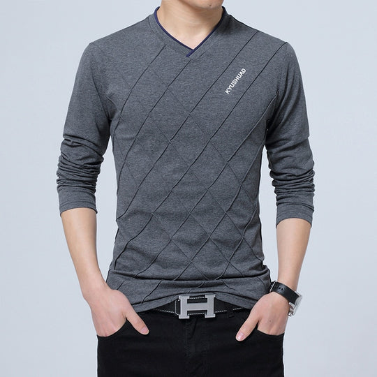 Mens Casual T-shirt Fashion Slim Long Sleeve V Neck Fitness