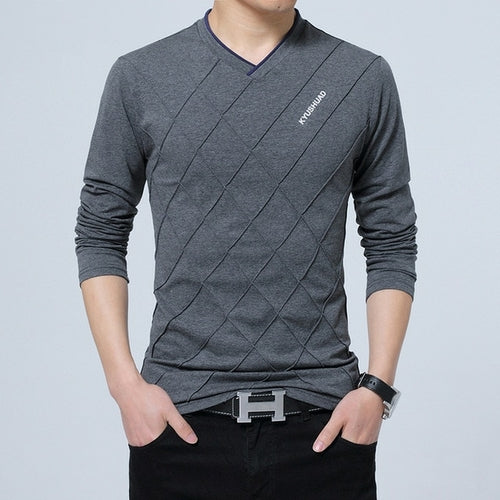 Mens Casual T-shirt Fashion Slim Long Sleeve V Neck Fitness