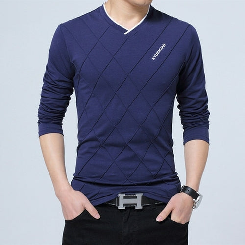Mens Casual T-shirt Fashion Slim Long Sleeve V Neck Fitness