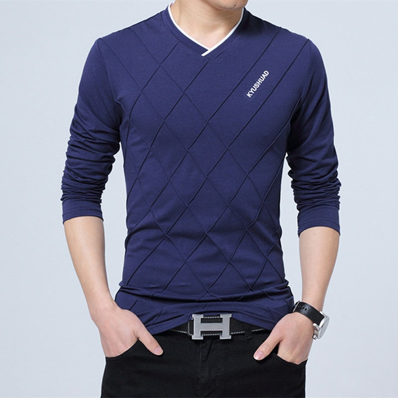 Mens Casual T-shirt Fashion Slim Long Sleeve V Neck Fitness