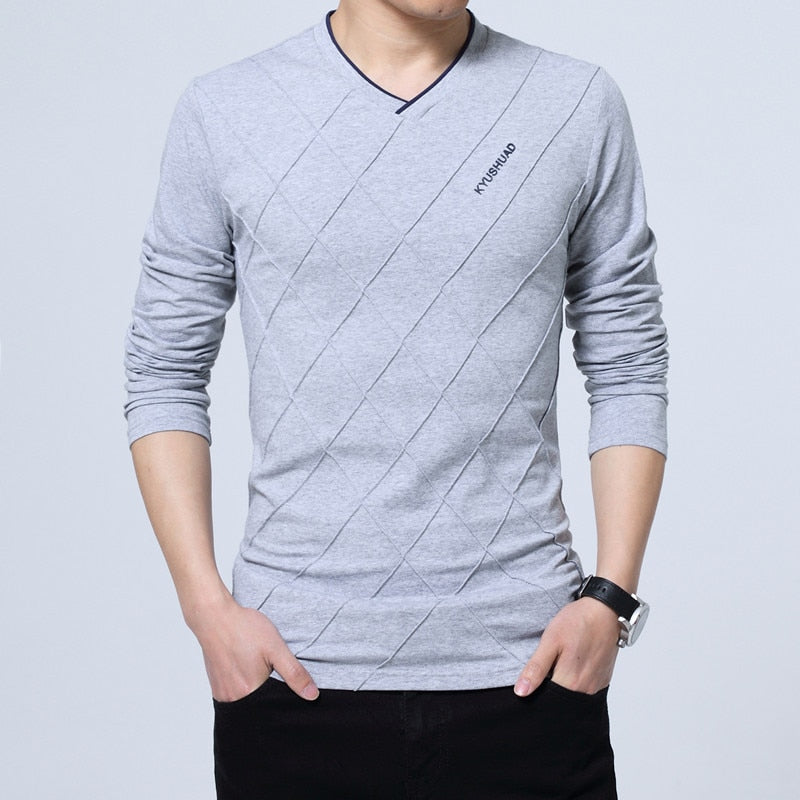 Mens Casual T-shirt Fashion Slim Long Sleeve V Neck Fitness