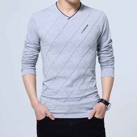 Mens Casual T-shirt Fashion Slim Long Sleeve V Neck Fitness