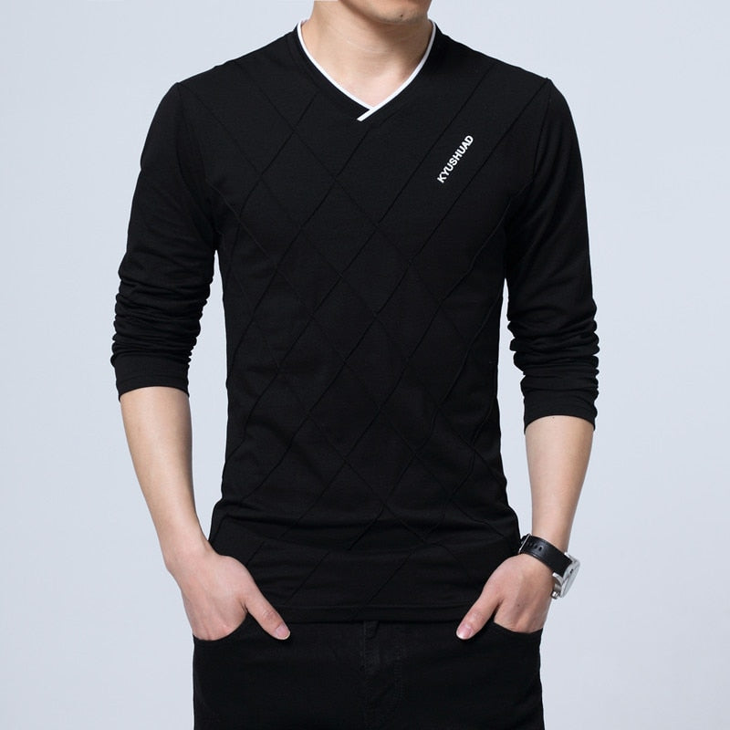Mens Casual T-shirt Fashion Slim Long Sleeve V Neck Fitness