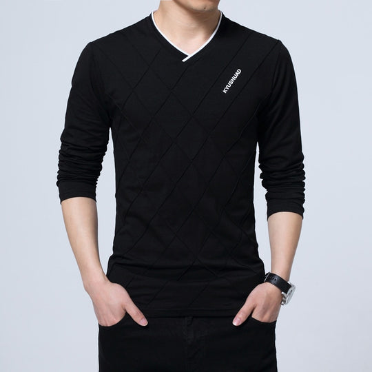 Mens Casual T-shirt Fashion Slim Long Sleeve V Neck Fitness
