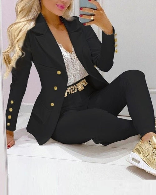 2023 Women's 2pcs Tracksuits Solid Long Sleeve Blazer Pants Suit Sets