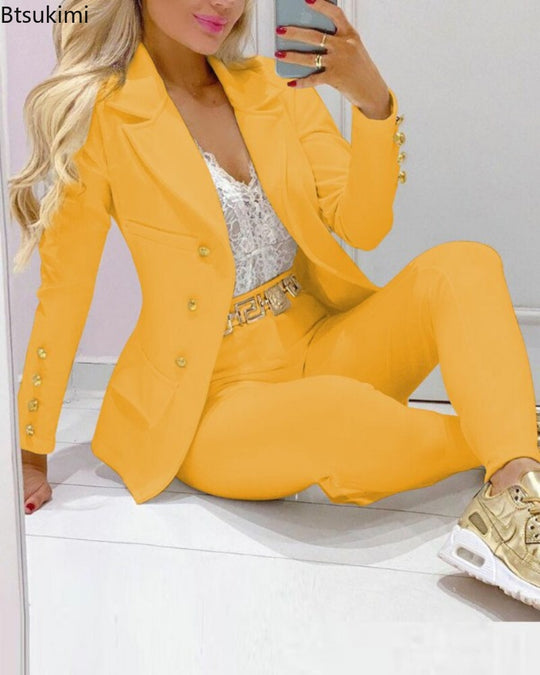 2023 Women's 2pcs Tracksuits Solid Long Sleeve Blazer Pants Suit Sets