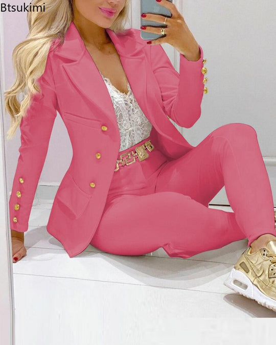 2023 Women's 2pcs Tracksuits Solid Long Sleeve Blazer Pants Suit Sets