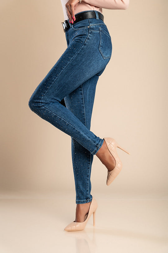 Fashionable Skinny Jeans with Glitter Detail in Blue