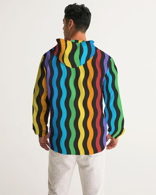 Mens Hooded Windbreaker - Rainbow Striped Water Resistant Jacket -