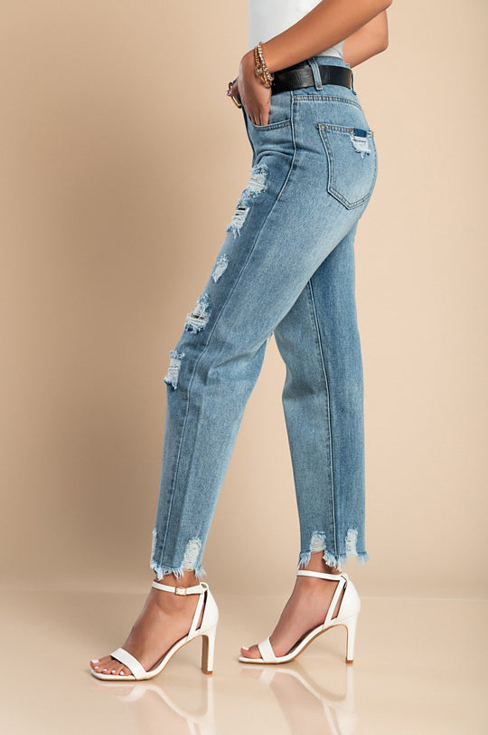 Fashionable Mid-Waist Jeans with Green Pattern Slits and Frayed Hem