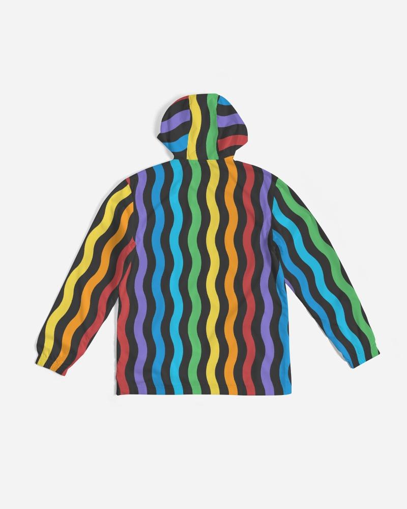 Mens Hooded Windbreaker - Rainbow Striped Water Resistant Jacket -