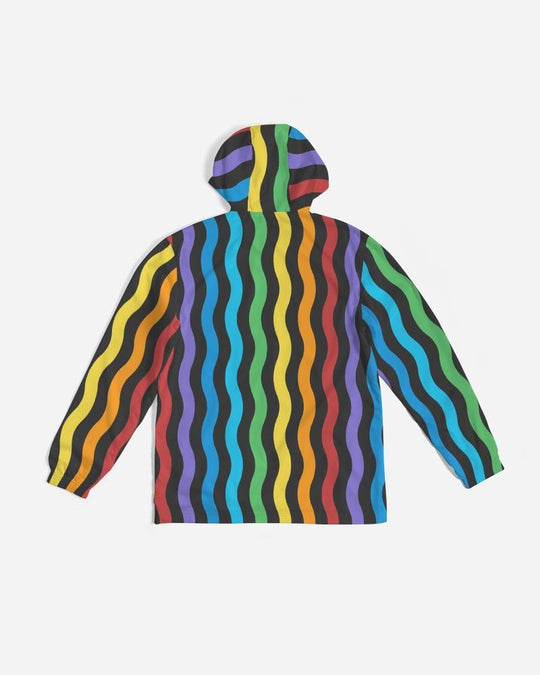 Mens Hooded Windbreaker - Rainbow Striped Water Resistant Jacket -