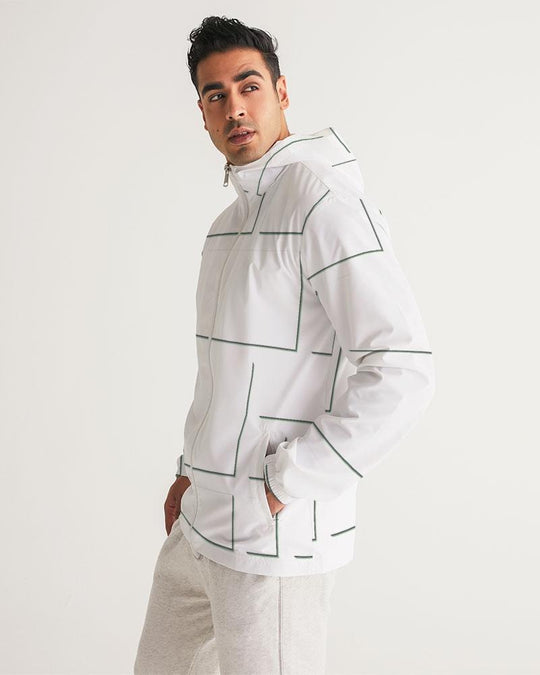Mens Hooded Windbreaker - White Grid Pattern Water Resistant Jacket