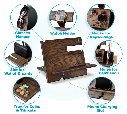 Wood Phone Docking Station Ash Key Hooks Holder Wallet Stand Watch