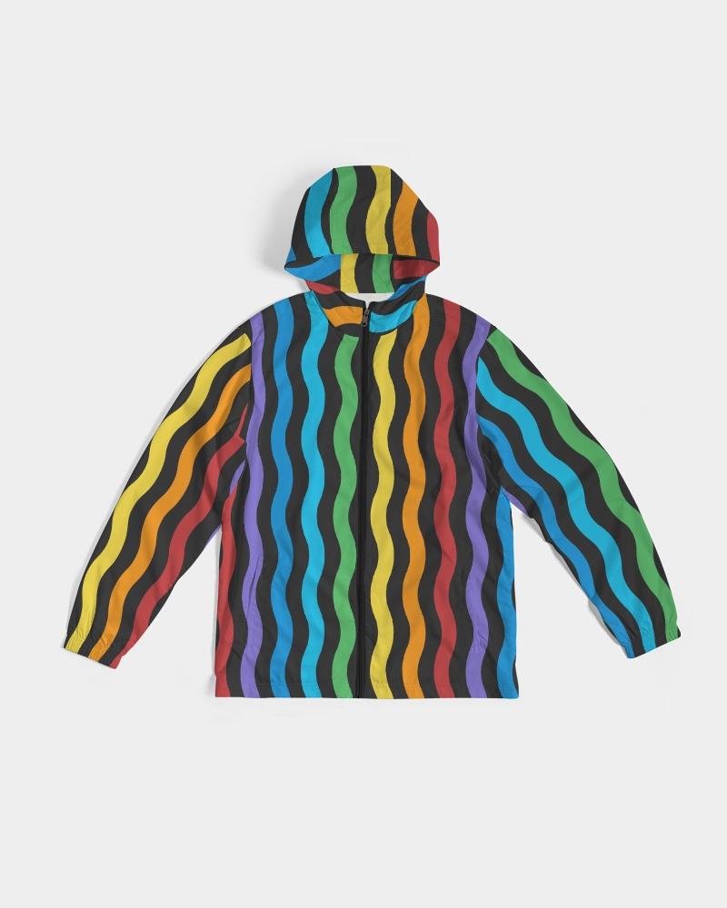 Mens Hooded Windbreaker - Rainbow Striped Water Resistant Jacket -