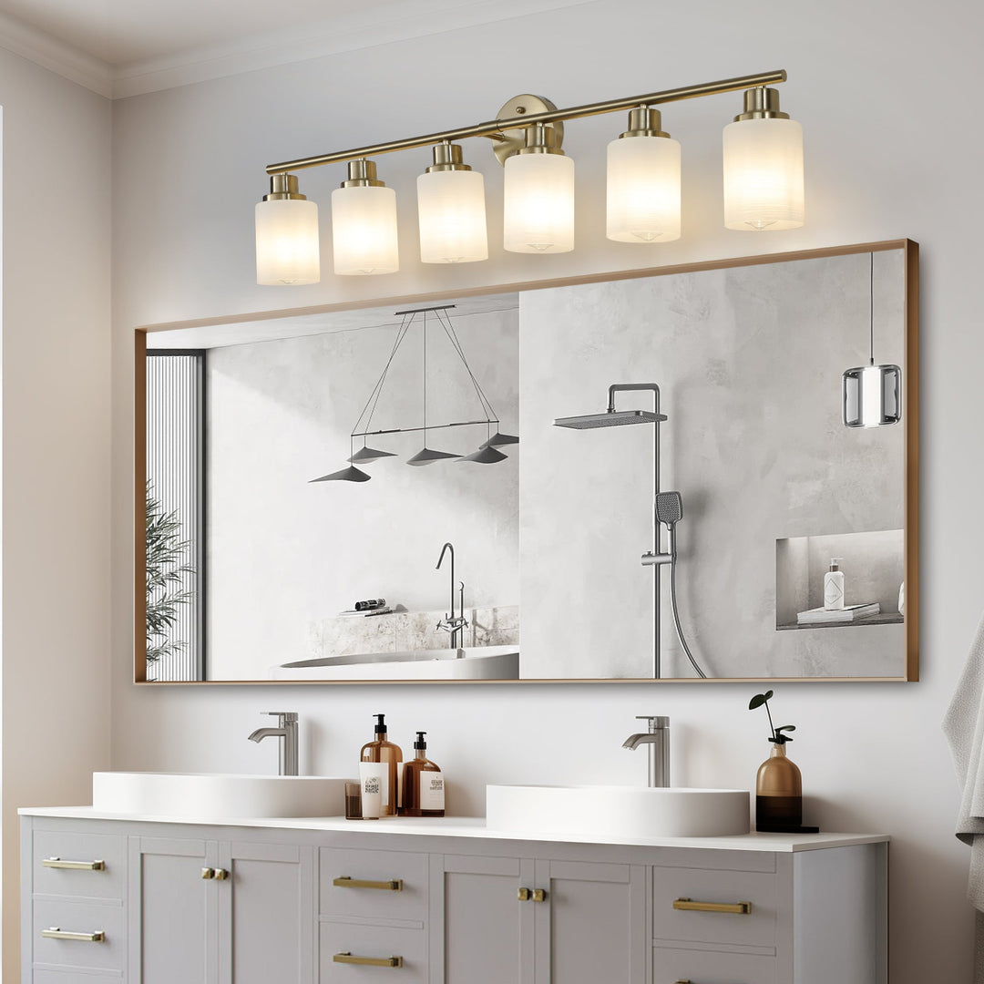 6-Light Golden Bathroom Vanity Light Fixture, Frosted Glass Shades,