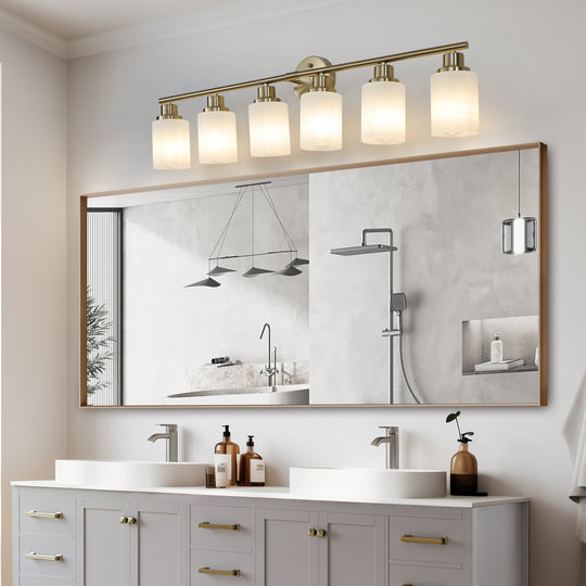 6-Light Golden Bathroom Vanity Light Fixture, Frosted Glass Shades,