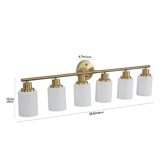 6-Light Golden Bathroom Vanity Light Fixture, Frosted Glass Shades,