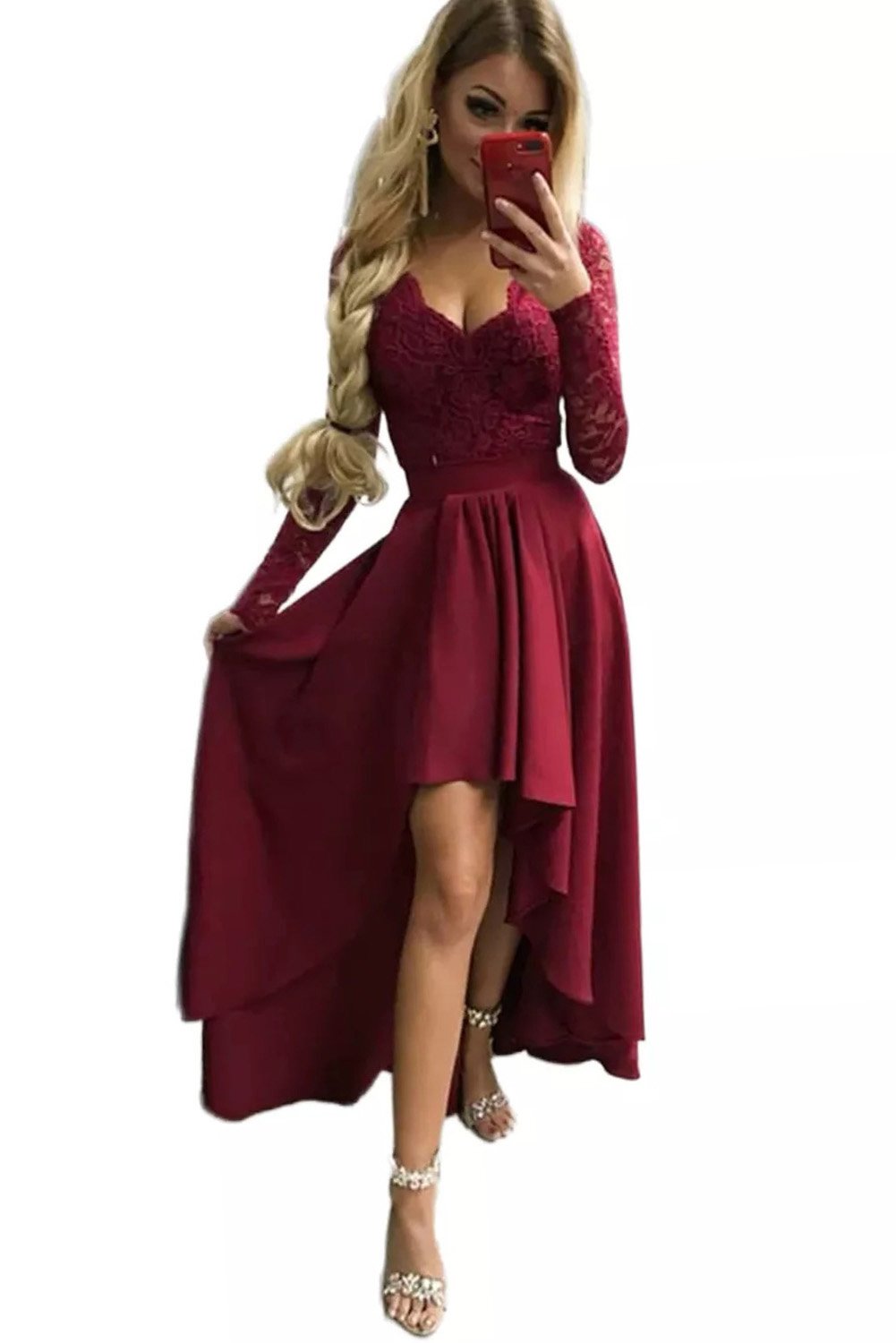 Dark Blue V-neck Lace Backless High and Low Hem Evening Dress