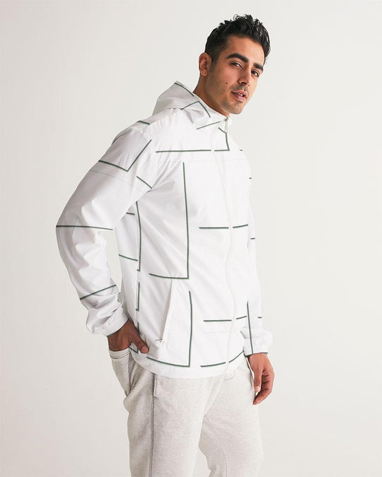 Mens Hooded Windbreaker - White Grid Pattern Water Resistant Jacket