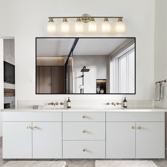 6-Light Golden Bathroom Vanity Light Fixture, Frosted Glass Shades,