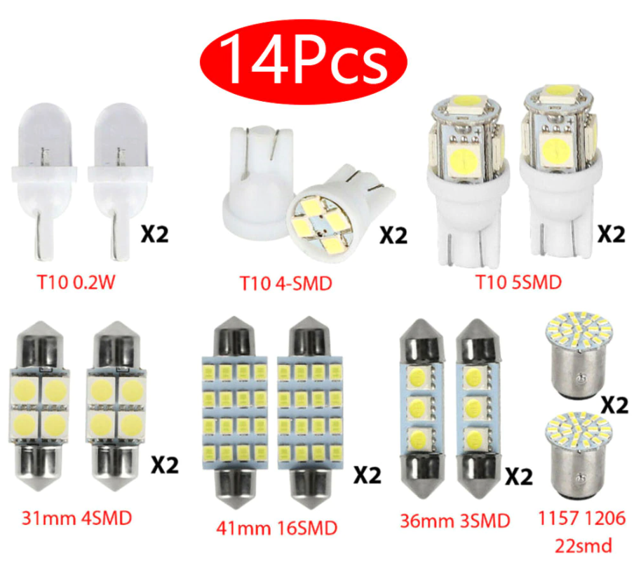 14Pcs T10 36mm LED Interior Car Accessories Kit Map Dome License Plate