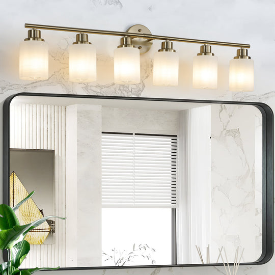6-Light Golden Bathroom Vanity Light Fixture, Frosted Glass Shades,