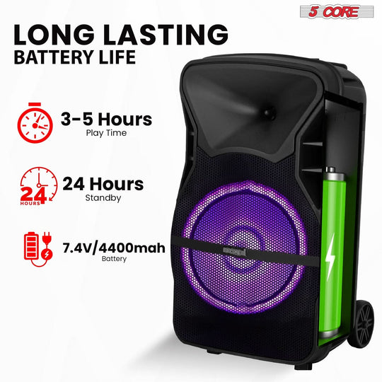 5Core 12 Inch PA Portable Bluetooth Party Speaker Karaoke Boombox + 2