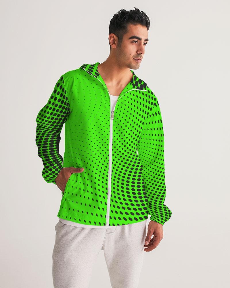 Mens Hooded Windbreaker - Neon Green Polka Dot Water Resistant Jacket