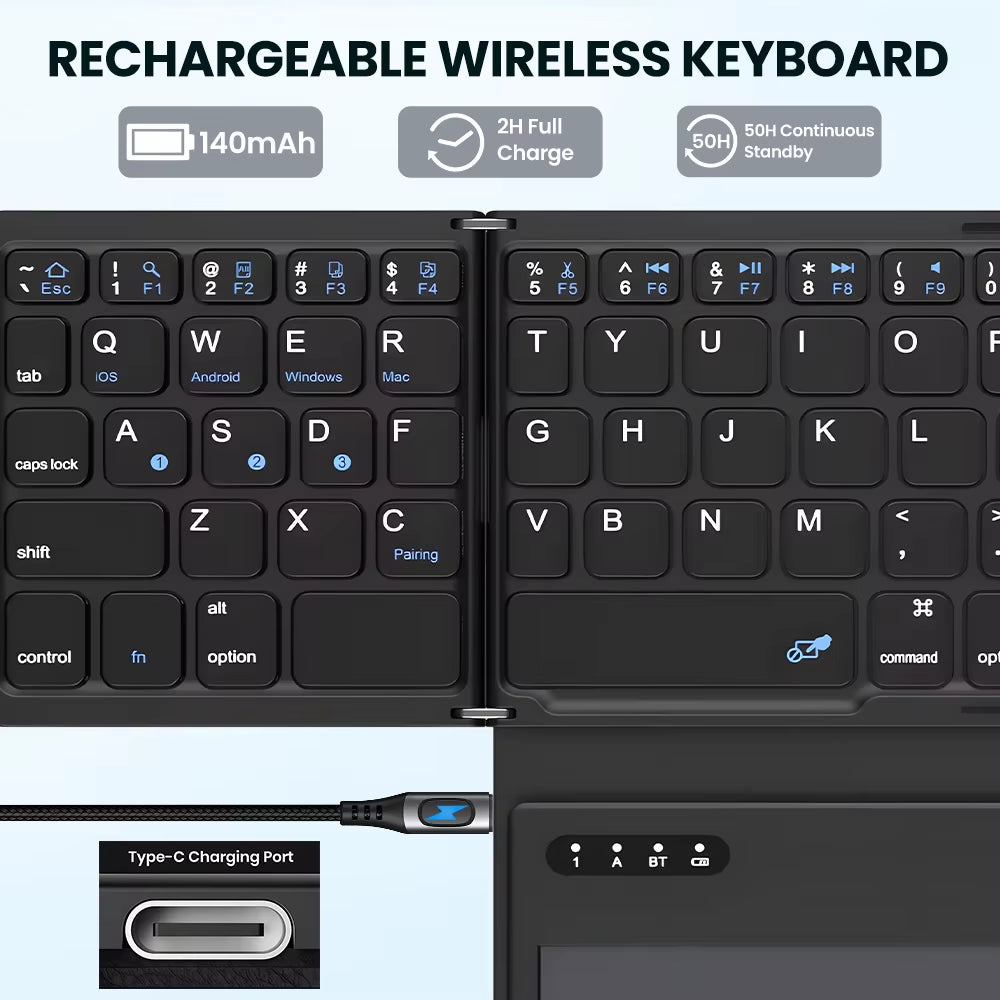 Portable Quadruple Folding Wireless Bluetooth Keyboard 