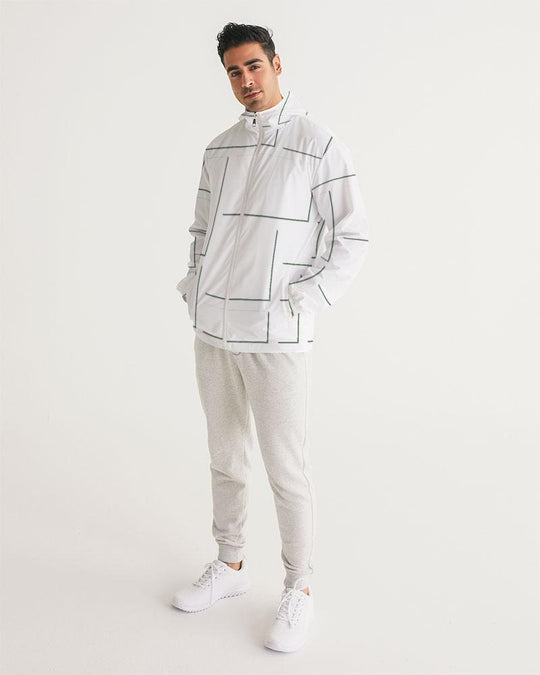 Mens Hooded Windbreaker - White Grid Pattern Water Resistant Jacket