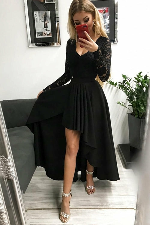 Dark Blue V-neck Lace Backless High and Low Hem Evening Dress
