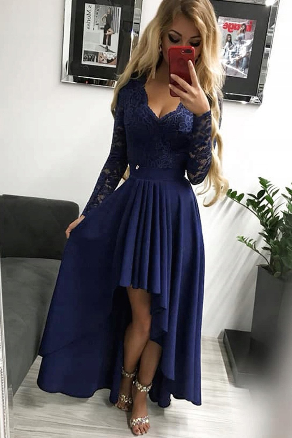 Dark Blue V-neck Lace Backless High and Low Hem Evening Dress