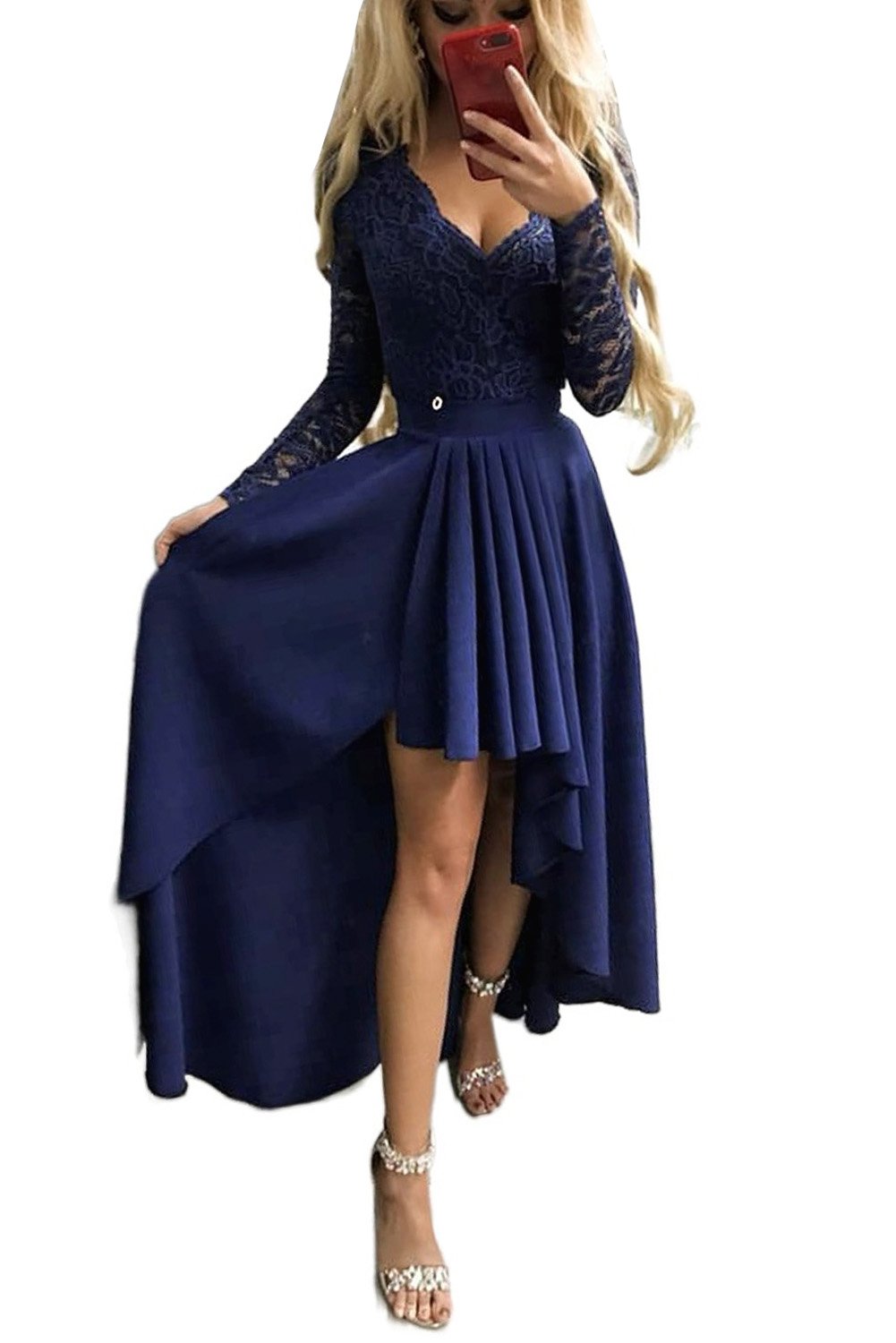 Dark Blue V-neck Lace Backless High and Low Hem Evening Dress