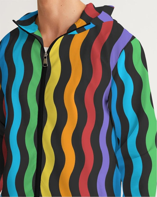 Mens Hooded Windbreaker - Rainbow Striped Water Resistant Jacket -