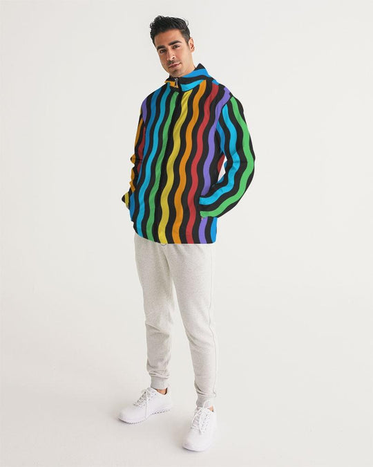 Mens Hooded Windbreaker - Rainbow Striped Water Resistant Jacket -