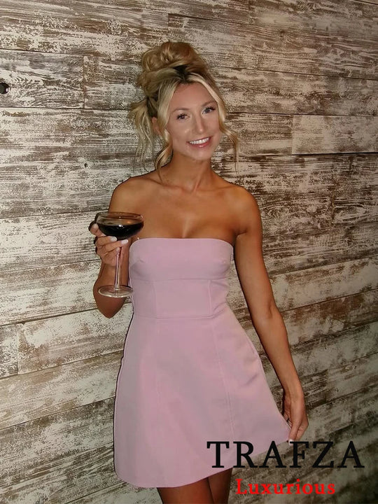 TRAFZA Sexy Chic Pink Women Dress Strapless Bow A-Line Mini Dress New