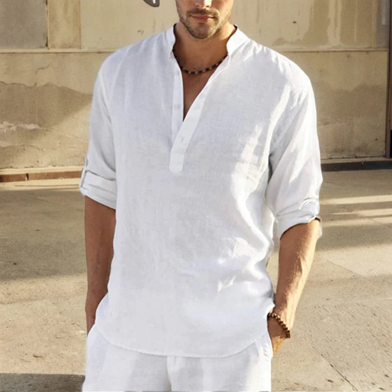 2024 Summer Men Cotton Shirts Loose Casual Blouse V-neck Solid Color