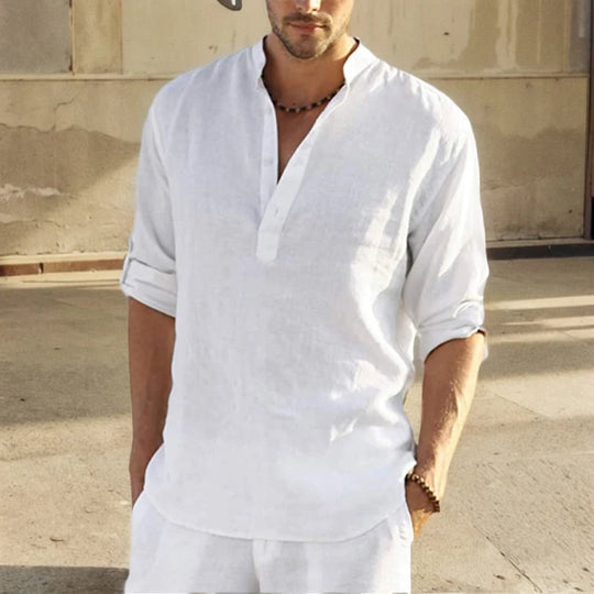 2024 Summer Men Cotton Shirts Loose Casual Blouse V-neck Solid Color